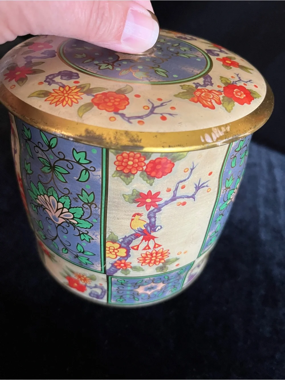 Vintage Floral Colorful Made in England Metal Container Jar With Lid